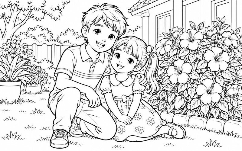 Tranh tô màu anh trai và em gái chụp ảnh kỷ niệm bên vườn hoa