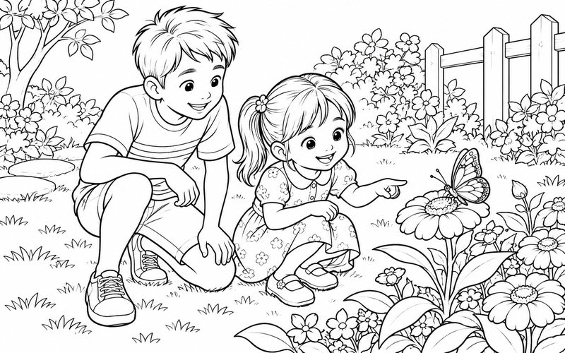 Tranh tô màu anh trai và em gái ngắm bươm bướm trên hoa