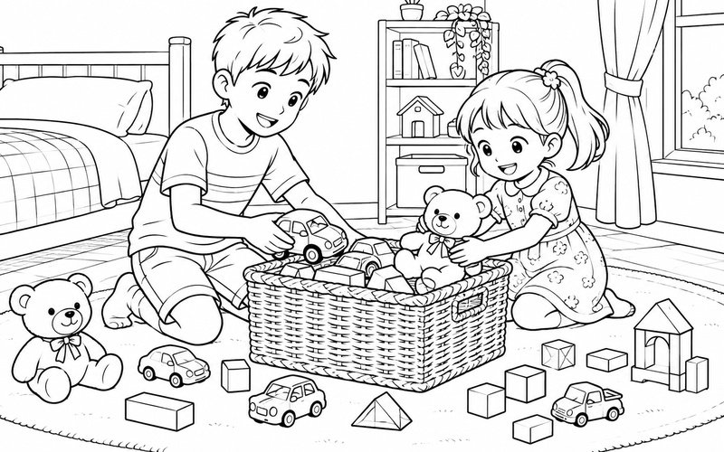 Tranh tô màu anh trai và em gái xếp đồ chơi vào giỏ