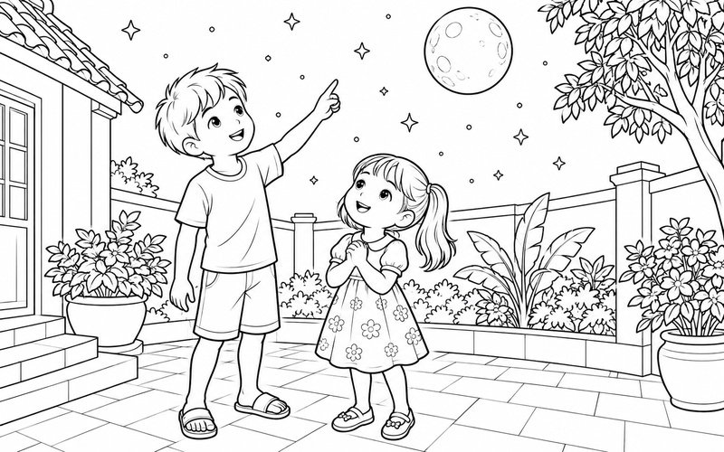 Tranh tô màu anh trai và em gái ngắm trăng từ sân nhà