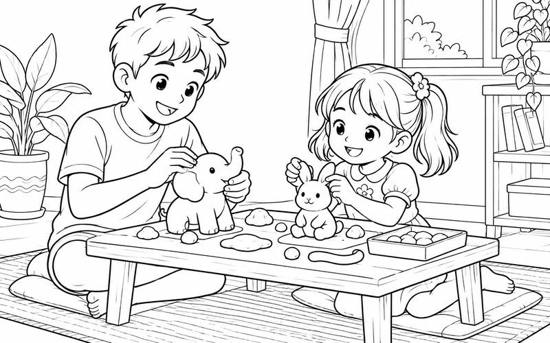 Tranh tô màu anh trai và em gái tạo hình bằng đất nặn