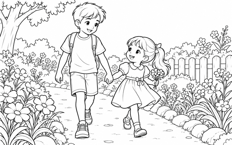 Tranh tô màu anh trai và em gái dạo chơi giữa vườn hoa