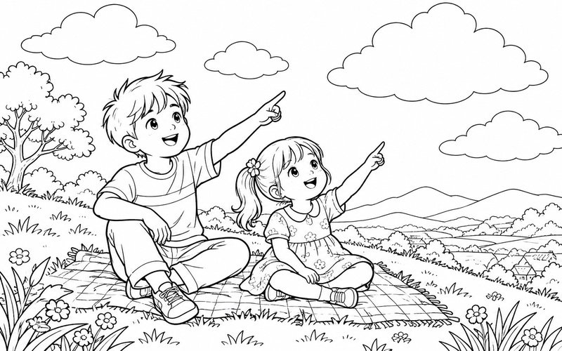Tranh tô màu anh trai và em gái ngắm mây trên bãi cỏ