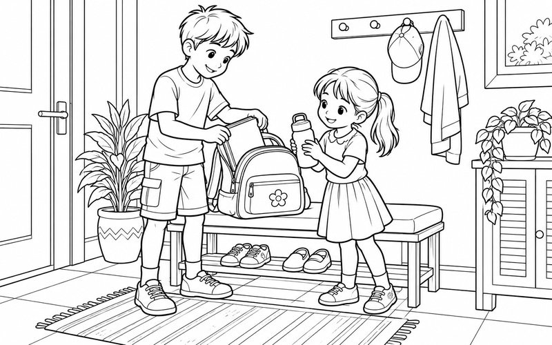 Tranh tô màu anh trai và em gái chuẩn bị chiếc ba lô nhỏ