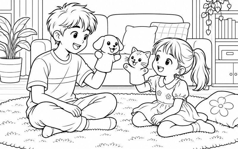 Tranh tô màu anh trai và em gái chơi rối tay trong phòng khách