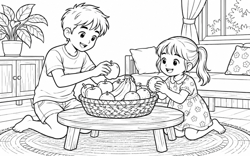 Tranh tô màu anh trai và em gái sắp xếp giỏ trái cây