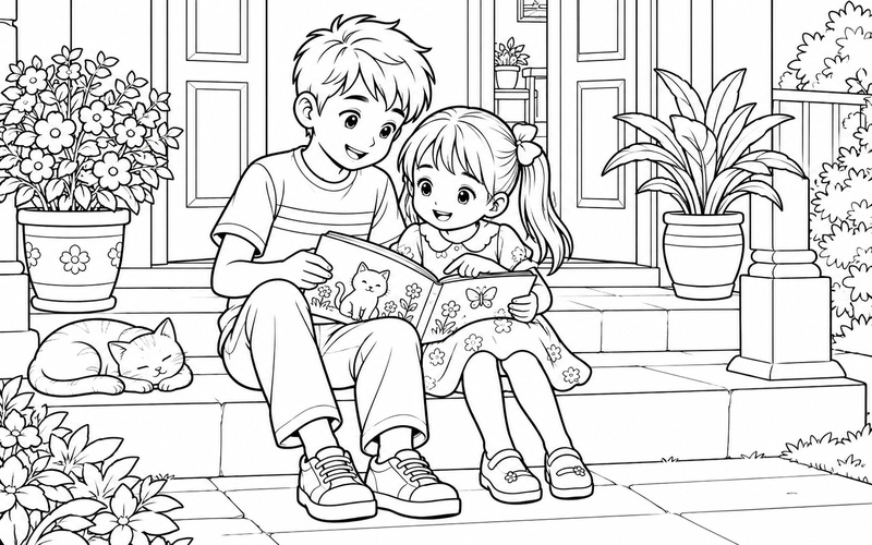 Tranh tô màu anh trai và em gái ngồi bên hiên nhà buổi sáng