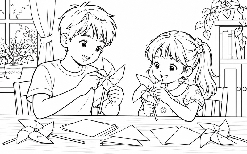 Tranh tô màu anh trai và em gái làm chong chóng giấy