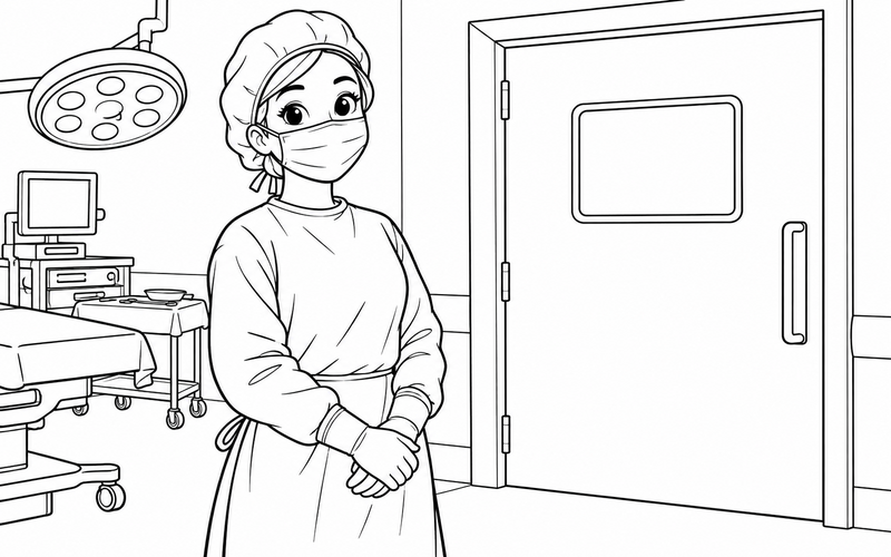 Tranh tô màu bác sĩ phẫu thuật mặc trang phục phòng mổ – hình 02