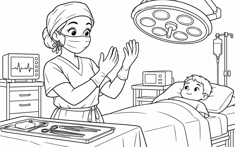 Tranh tô màu bác sĩ phẫu thuật kiểm tra găng tay – hình 03