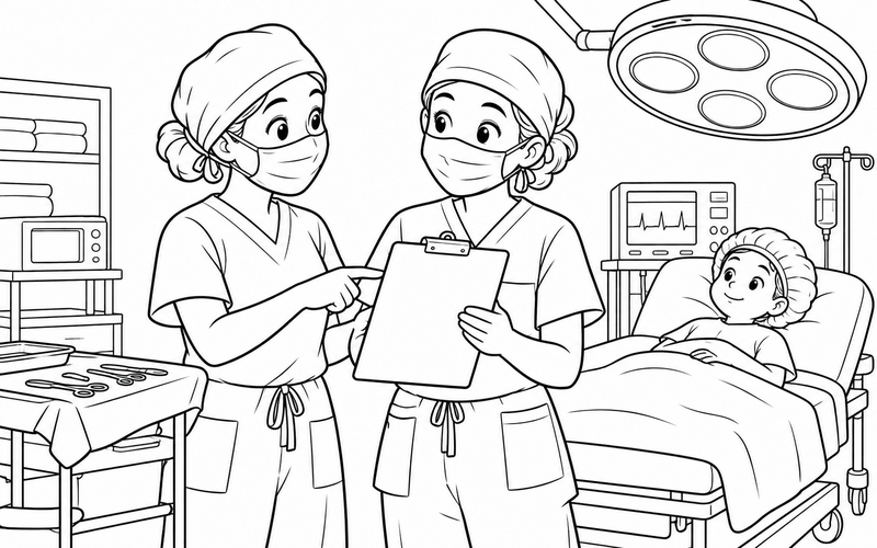 Tranh tô màu bác sĩ phẫu thuật trao đổi cùng ê kíp – hình 04