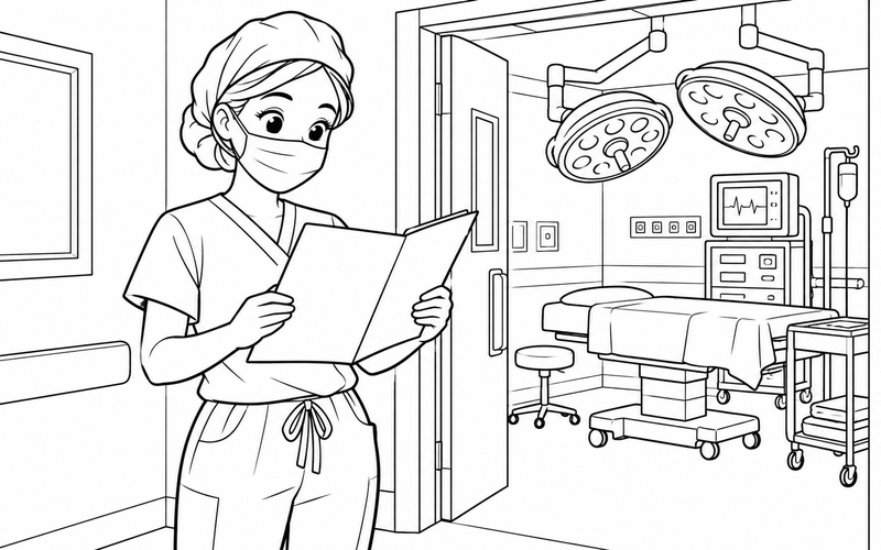 Tranh tô màu bác sĩ phẫu thuật đọc hồ sơ trước ca mổ – hình 05