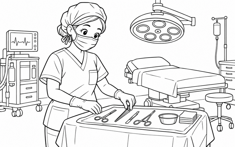 Tranh tô màu bác sĩ phẫu thuật kiểm tra bàn dụng cụ – hình 08