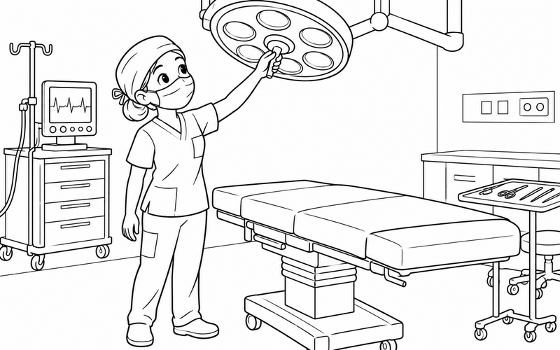 Tranh tô màu bác sĩ phẫu thuật kiểm tra đèn phòng mổ – hình 09