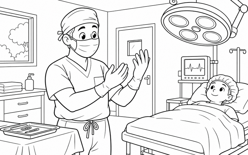 Tranh tô màu bác sĩ phẫu thuật kiểm tra găng tay – hình 13