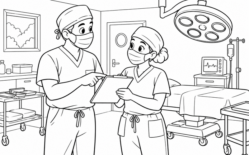 Tranh tô màu bác sĩ phẫu thuật trao đổi cùng ê kíp – hình 14