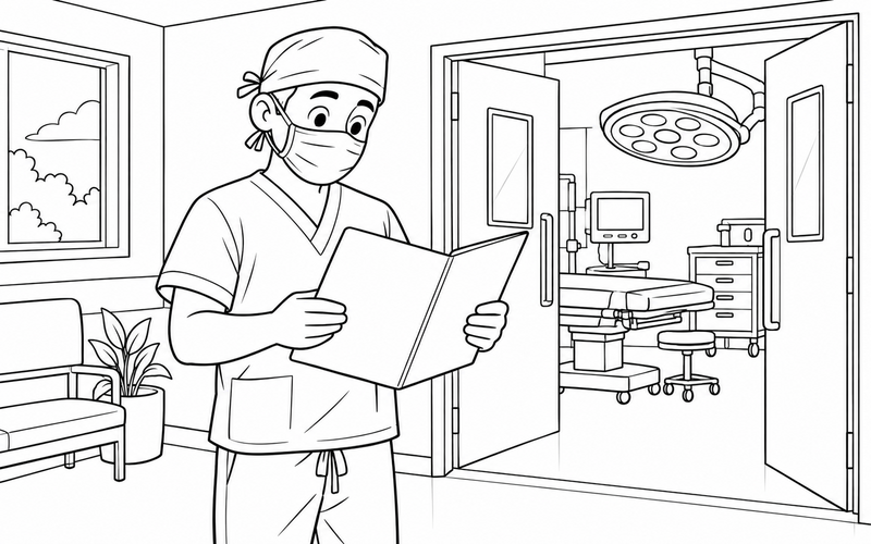 Tranh tô màu bác sĩ phẫu thuật đọc hồ sơ trước ca mổ – hình 15