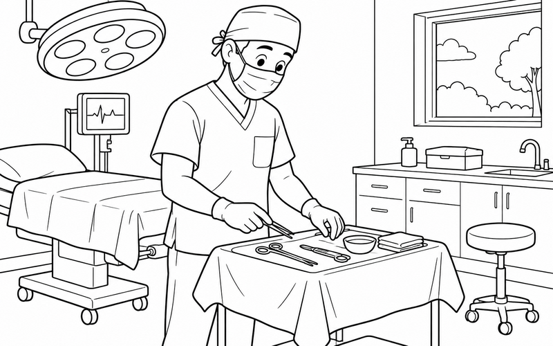 Tranh tô màu bác sĩ phẫu thuật kiểm tra bàn dụng cụ – hình 18