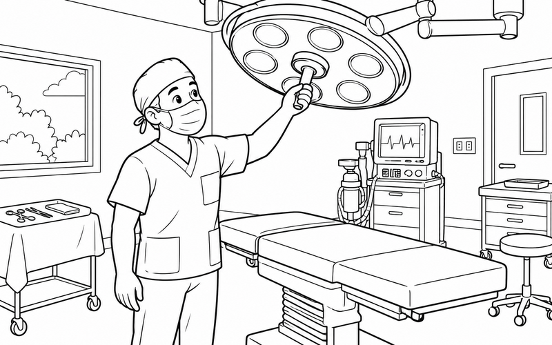 Tranh tô màu bác sĩ phẫu thuật kiểm tra đèn phòng mổ – hình 19