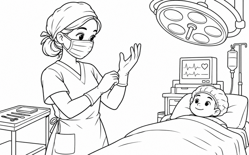 Tranh tô màu bác sĩ phẫu thuật kiểm tra găng tay – hình 23