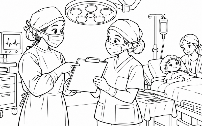 Tranh tô màu bác sĩ phẫu thuật trao đổi cùng ê kíp – hình 24