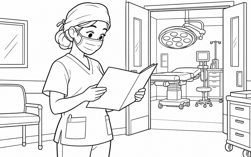 Tranh tô màu bác sĩ phẫu thuật đọc hồ sơ trước ca mổ – hình 25