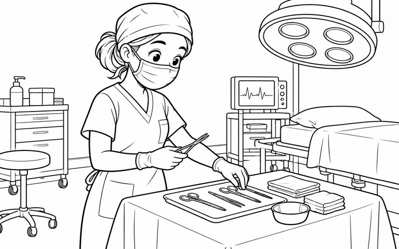Tranh tô màu bác sĩ phẫu thuật kiểm tra bàn dụng cụ – hình 28