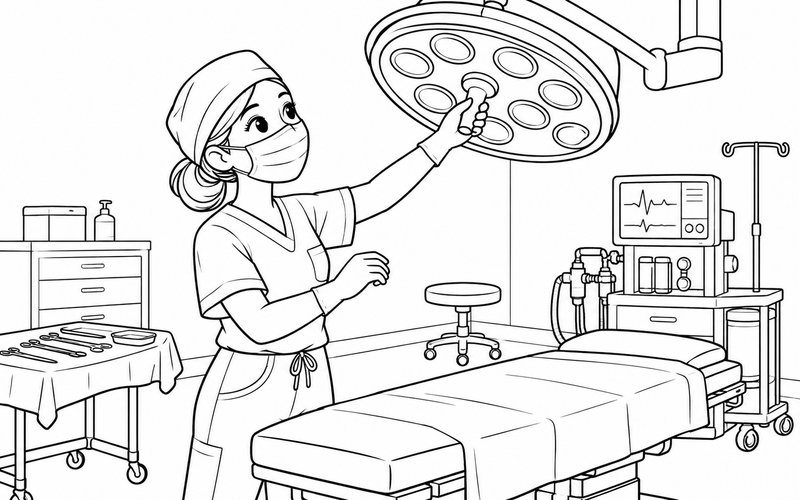 Tranh tô màu bác sĩ phẫu thuật kiểm tra đèn phòng mổ – hình 29