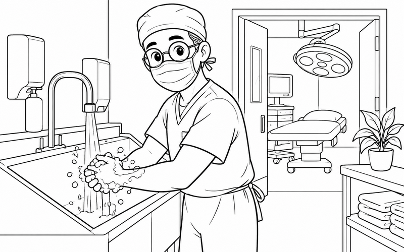 Tranh tô màu bác sĩ phẫu thuật rửa tay trước ca trực – hình 31