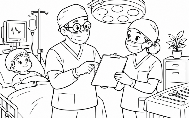Tranh tô màu bác sĩ phẫu thuật trao đổi cùng ê kíp – hình 34