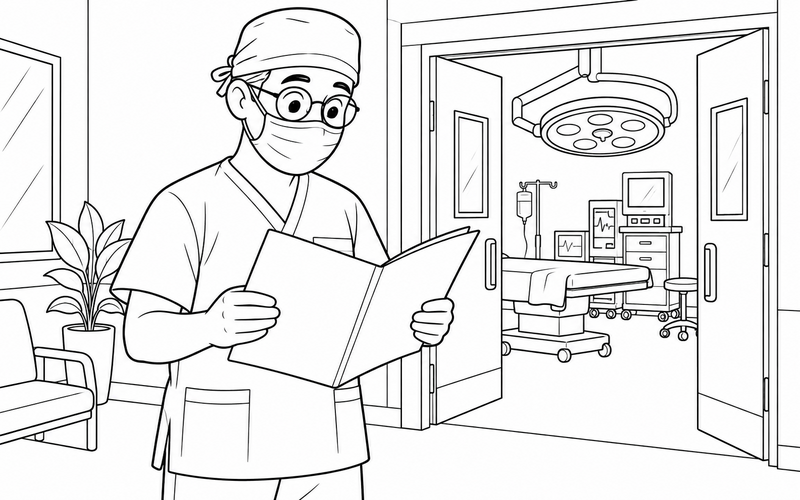 Tranh tô màu bác sĩ phẫu thuật đọc hồ sơ trước ca mổ – hình 35