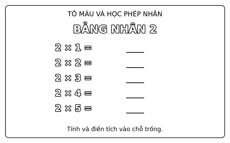 Tranh tô màu bảng cửu chương: bảng nhân 2, từ 2 × 1 đến 2 × 5, để bé điền tích