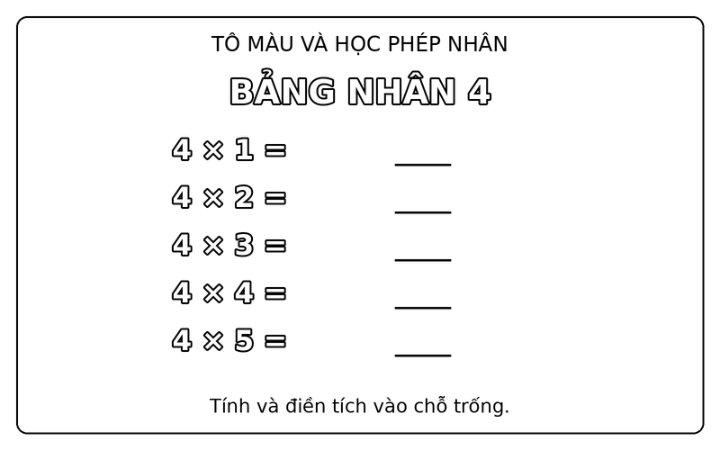 Tranh tô màu bảng cửu chương: bảng nhân 4, từ 4 × 1 đến 4 × 5, để bé điền tích