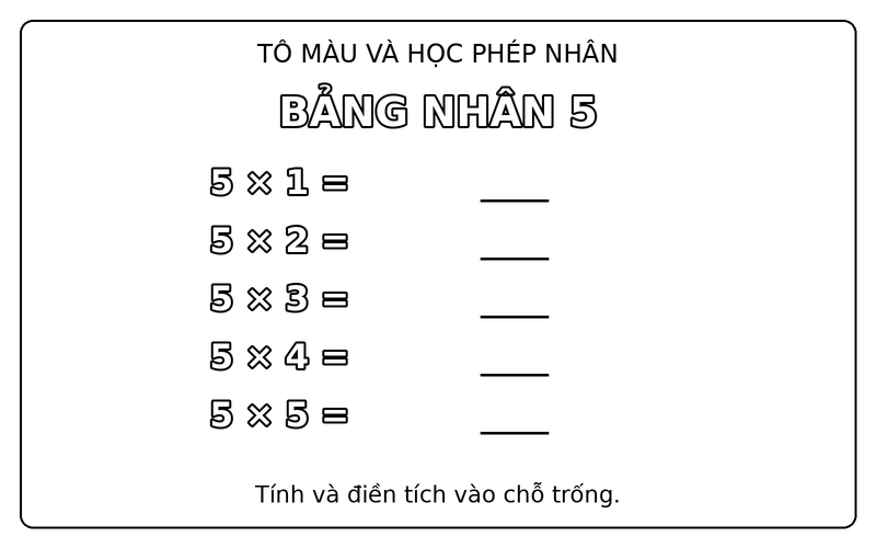 Tranh tô màu bảng cửu chương: bảng nhân 5, từ 5 × 1 đến 5 × 5, để bé điền tích