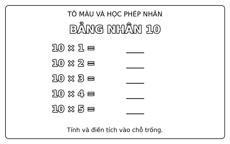 Tranh tô màu bảng cửu chương: bảng nhân 10, từ 10 × 1 đến 10 × 5, để bé điền tích