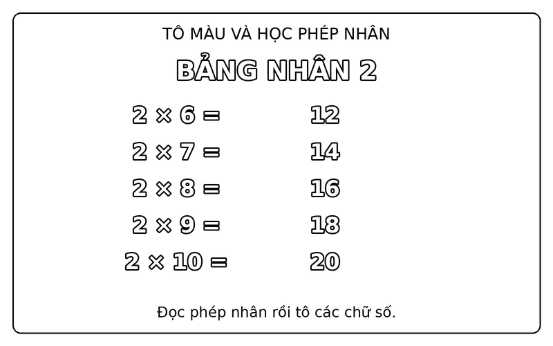 Tranh tô màu bảng cửu chương: bảng nhân 2, từ 2 × 6 đến 2 × 10, có kết quả mẫu