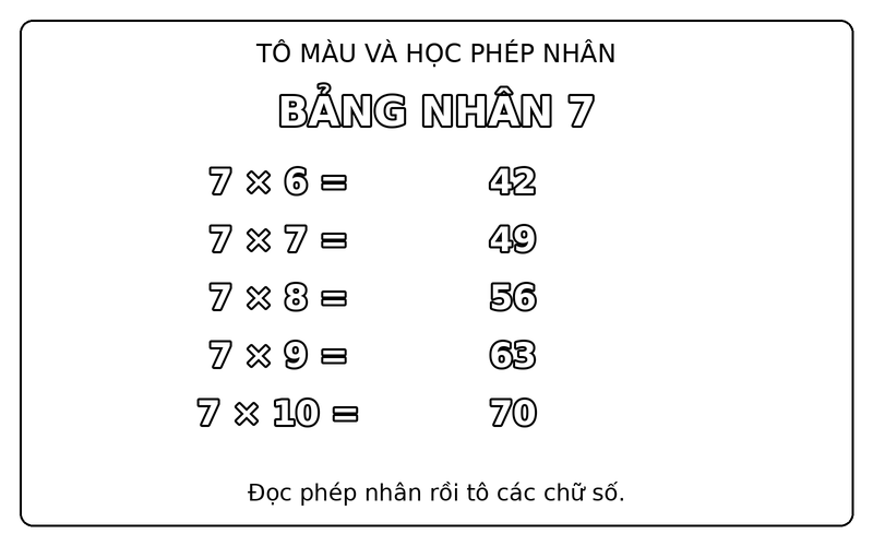 Tranh tô màu bảng cửu chương: bảng nhân 7, từ 7 × 6 đến 7 × 10, có kết quả mẫu