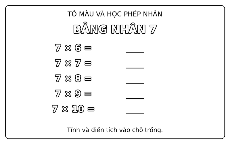 Tranh tô màu bảng cửu chương: bảng nhân 7, từ 7 × 6 đến 7 × 10, để bé điền tích