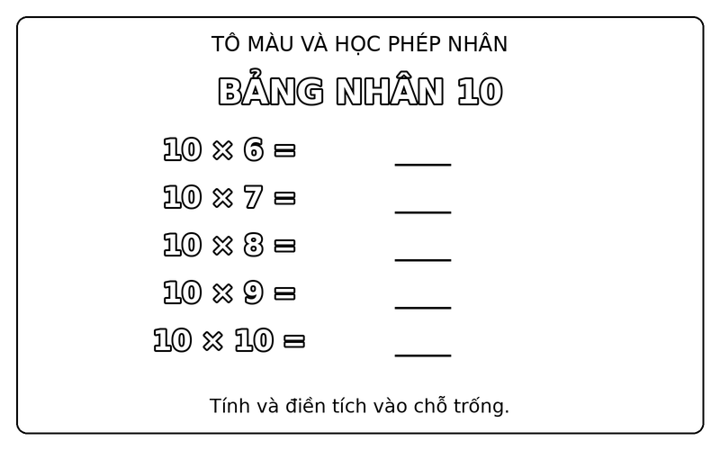 Tranh tô màu bảng cửu chương: bảng nhân 10, từ 10 × 6 đến 10 × 10, để bé điền tích