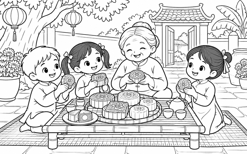 Tranh tô màu bánh trung thu trong sân nhà đêm hội