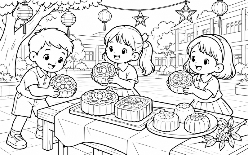 Tranh tô màu bánh trung thu ở sân trường rực rỡ đèn treo