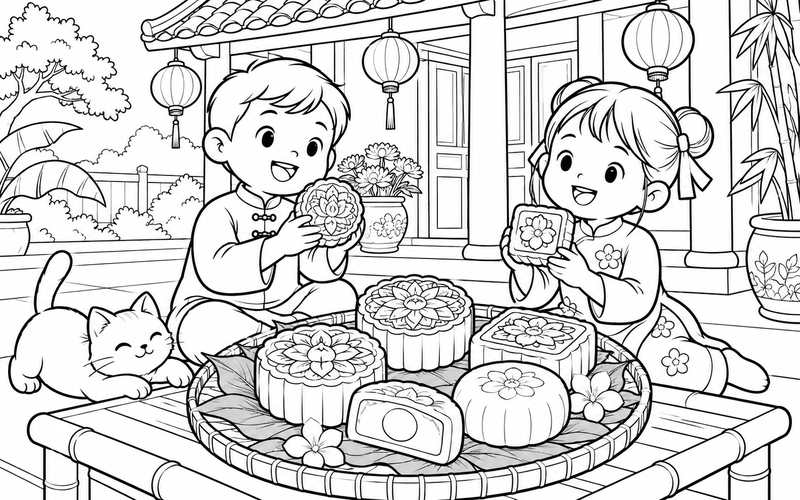 Tranh tô màu bánh trung thu trước mái hiên nhà