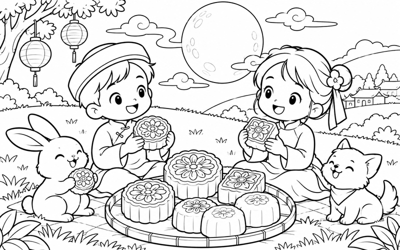 Tranh tô màu bánh trung thu trên đồi dưới vầng trăng