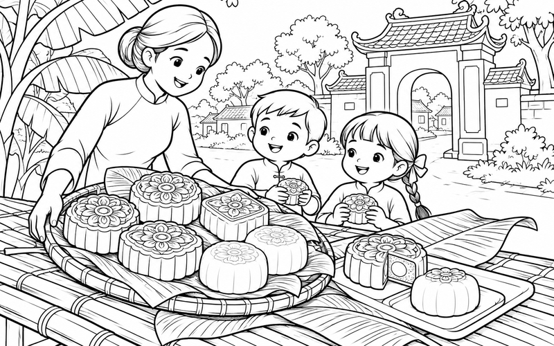 Tranh tô màu bánh trung thu trước cổng làng và hàng chuối