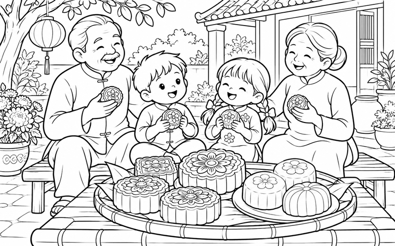 Tranh tô màu bánh trung thu cùng gia đình trong sân nhỏ