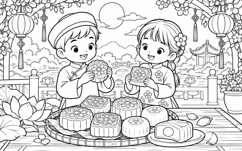 Tranh tô màu bánh trung thu dưới cổng vòm vườn