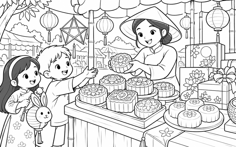 Tranh tô màu bánh trung thu ở quầy quà đêm hội