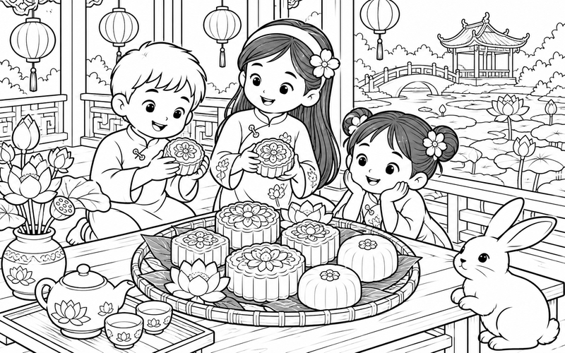 Tranh tô màu bánh trung thu bên đình nghỉ và hồ sen