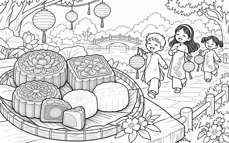 Tranh tô màu bánh trung thu trên lối đi công viên