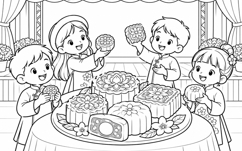 Tranh tô màu bánh trung thu trước sân khấu có rèm